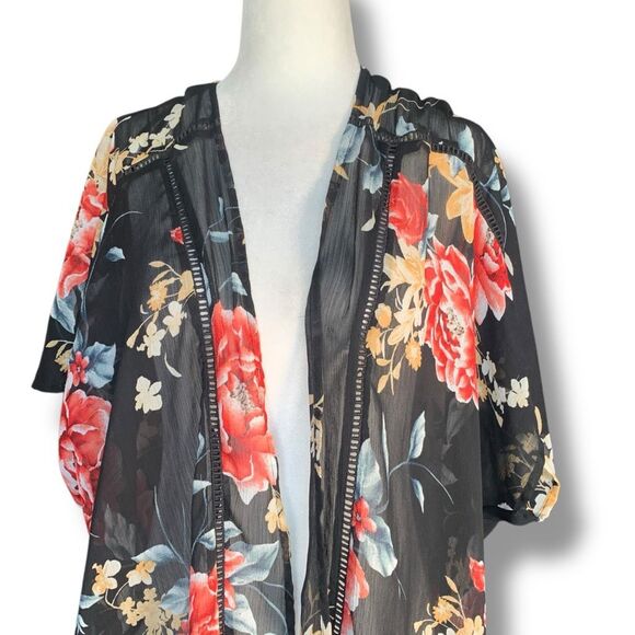 Band of Gypsies Black Sheer Red Floral Kimono Duster Swim Cover Up Short Sleeve - Picture 5 of 12